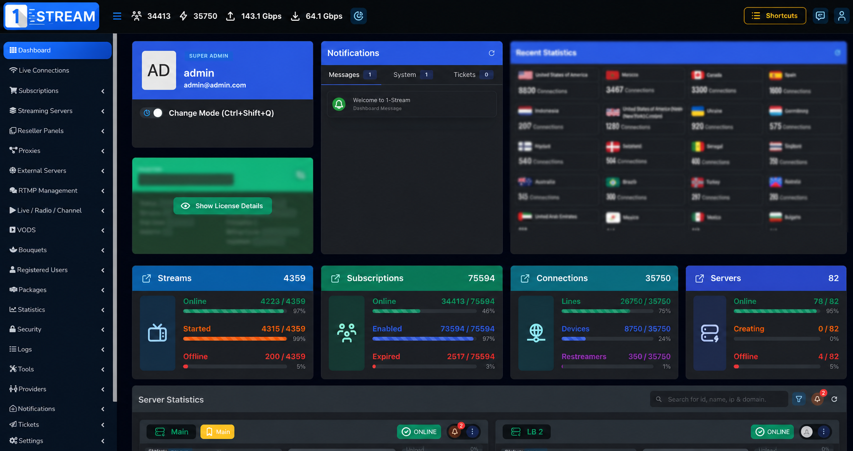 1-Stream software dashboard showing its management interface
