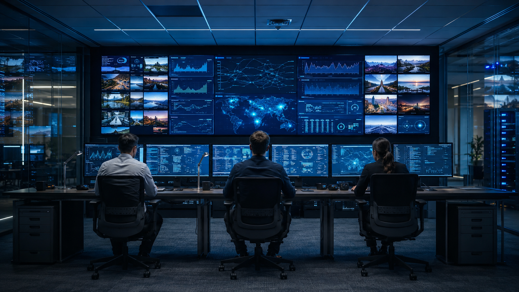 Illustration of an IT monitoring room with engineers and streaming dashboards