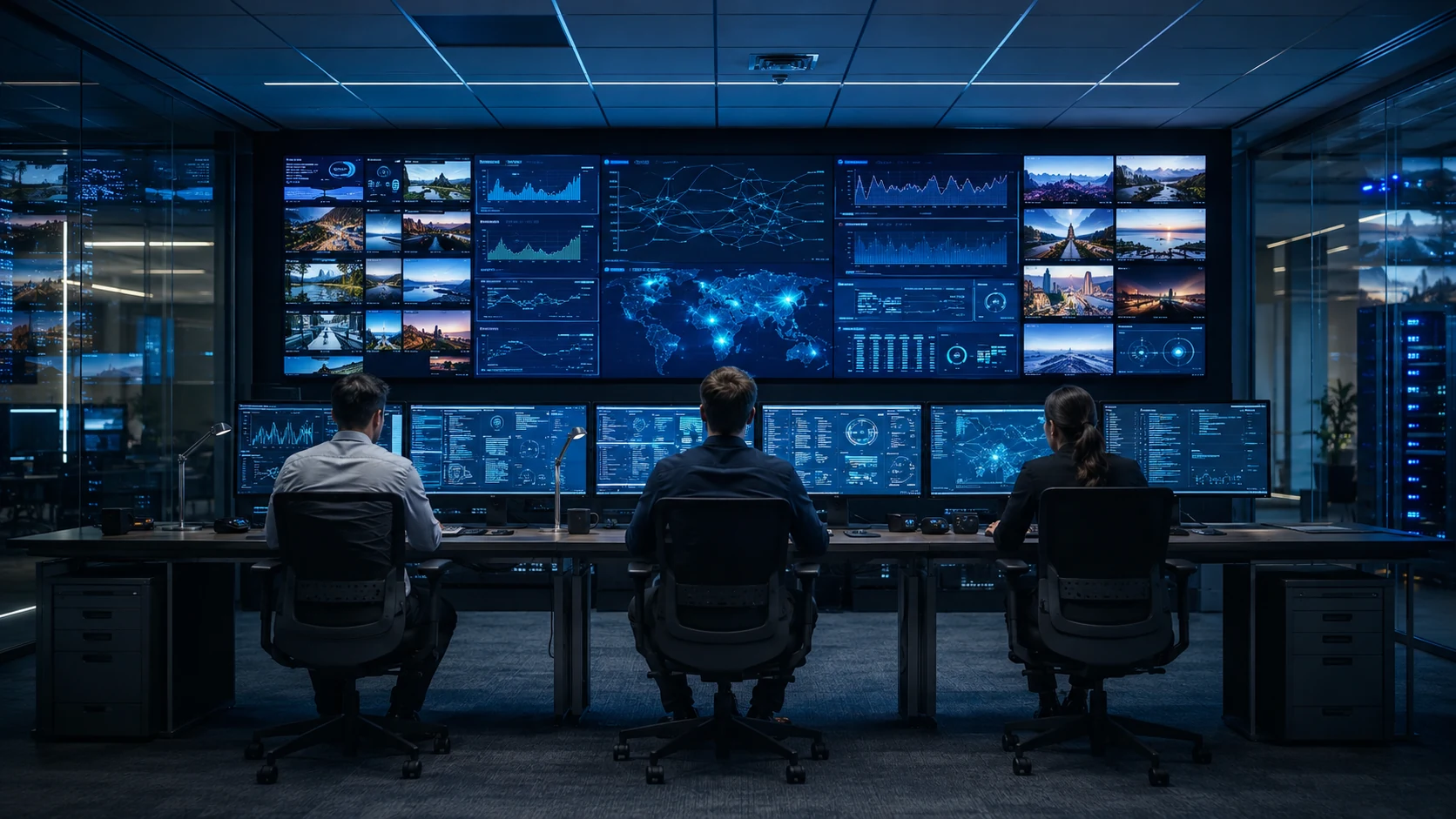 Illustration of an IT monitoring room with engineers and streaming dashboards